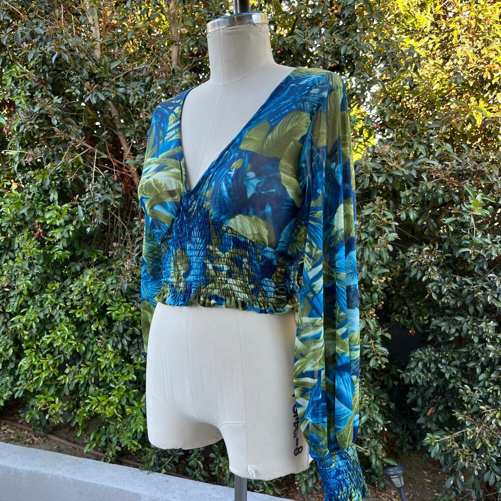 Vintage Y2K Toska Floral Crop Top Smock Waist V-Neck Long Sleeve USA Made Small